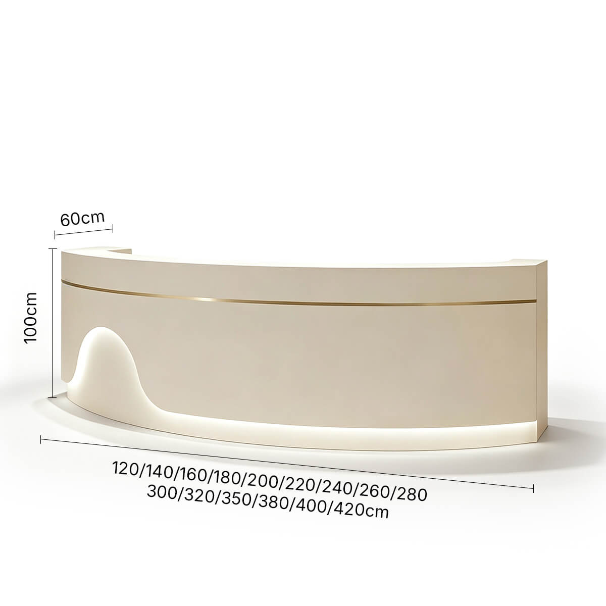 Curved Dental Reception Desk with Storage and LED Lighting - Dimensions