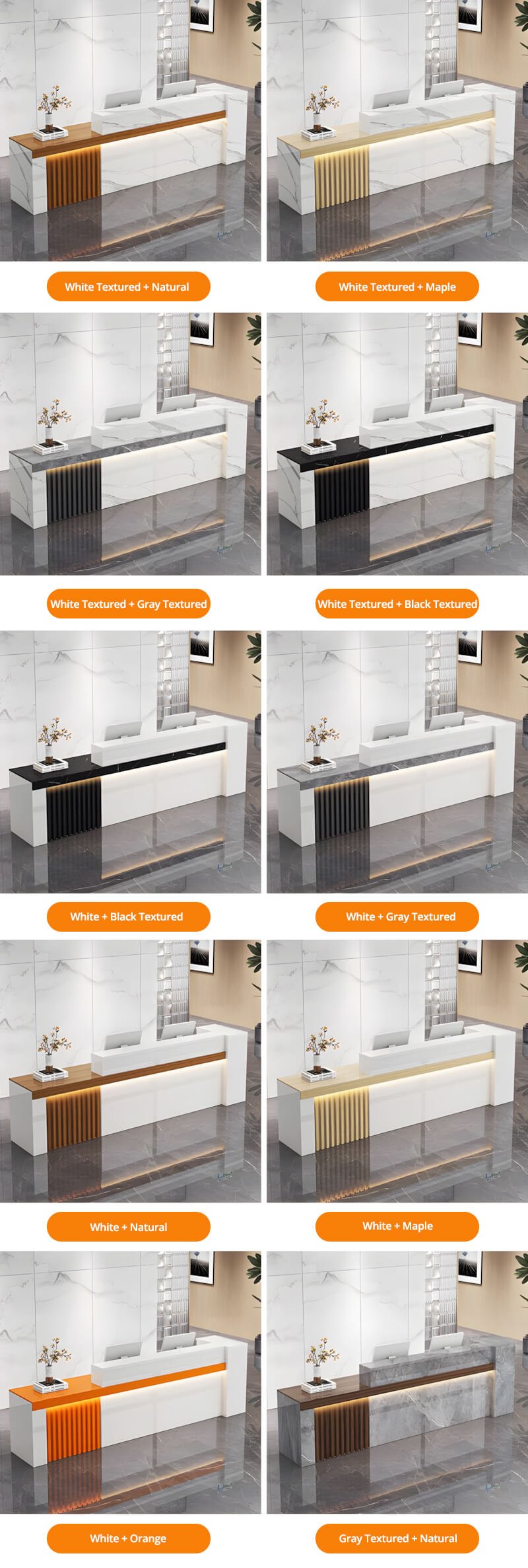 Modern Hotel Reception Desk with LED Lighting & Cable Management - Color Options