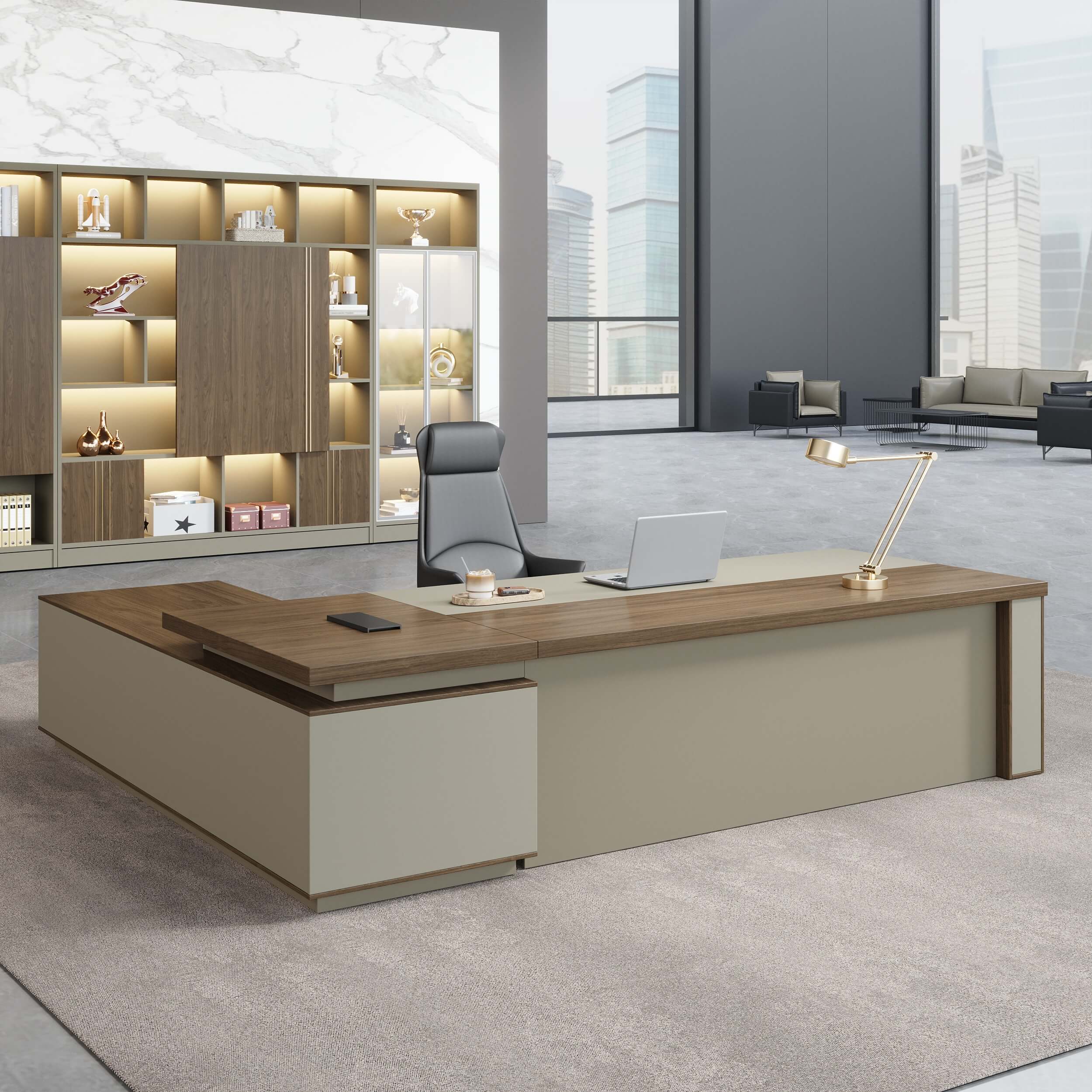 L-Shaped Walnut Executive Desk with Power Outlet and Storage - ANZHAP LBZ-2143 Main picture 5