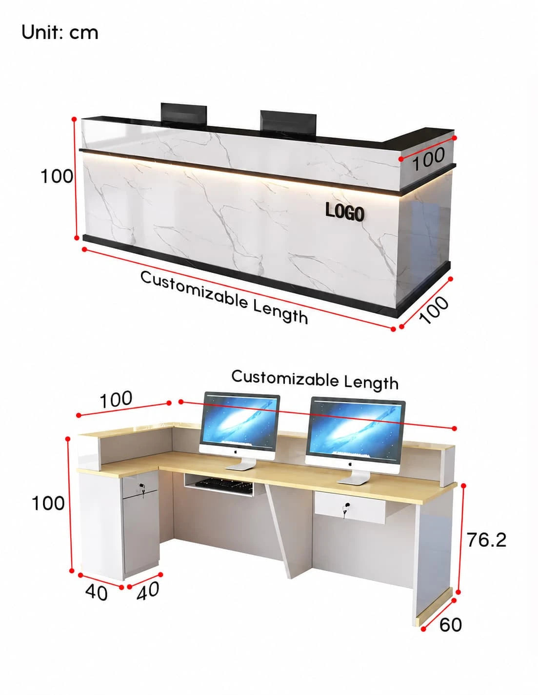 Modern Receptionist Desk with Transaction Counter & Storage - Dimensions