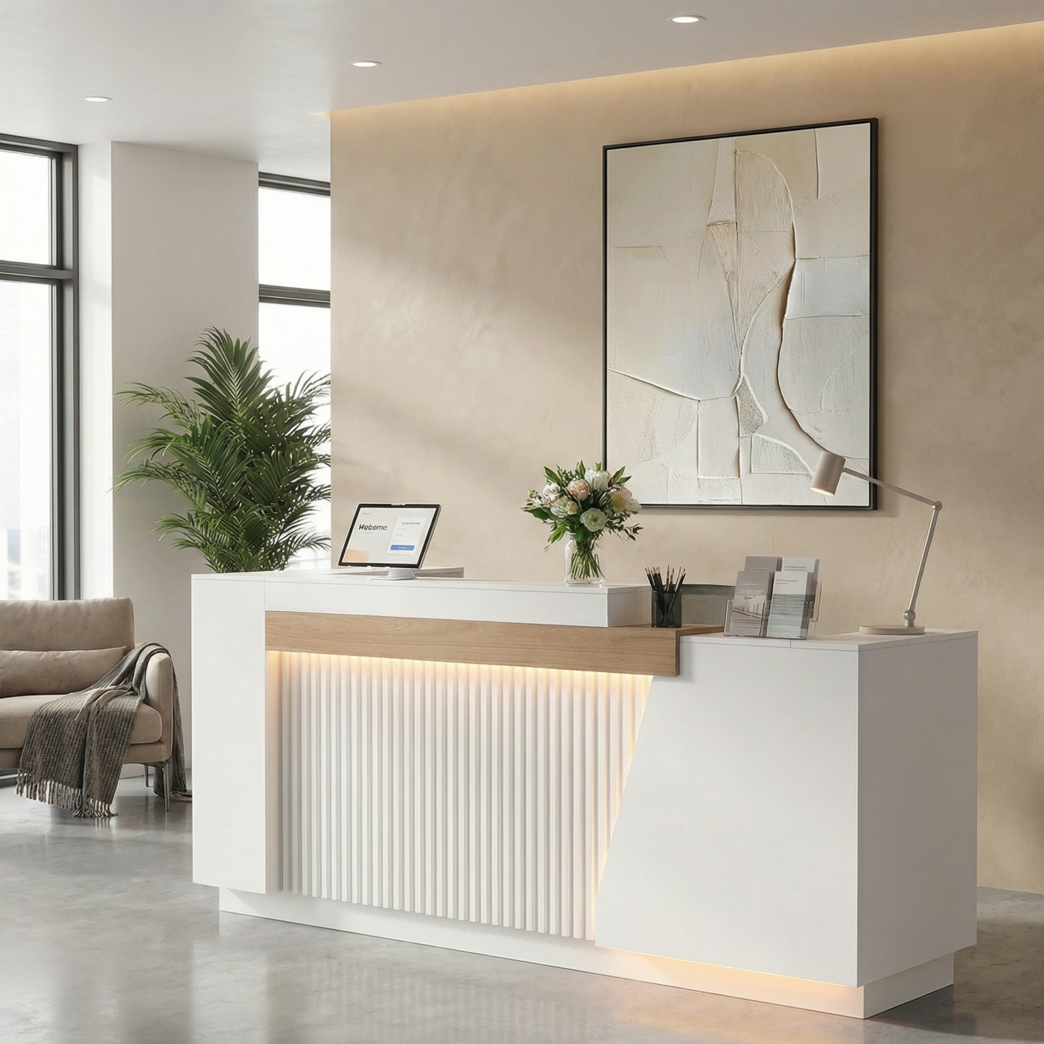 Modern Office Reception Desk with Storage & LED Lighting