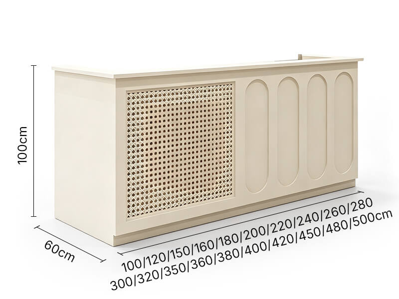Small Reception Counter with Rattan Detail and Storage - Dimensions