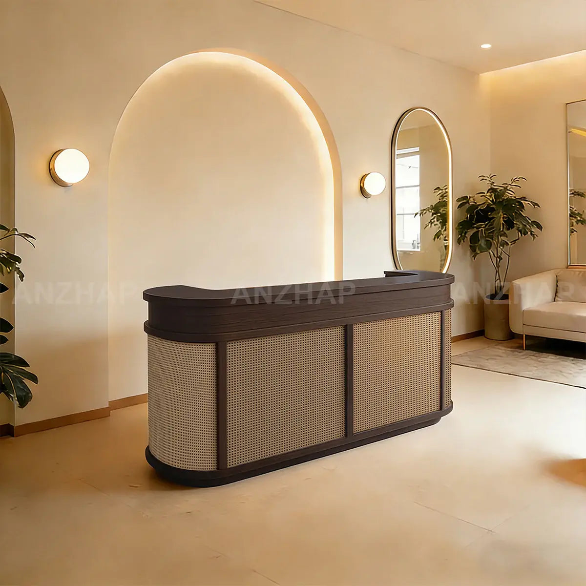 Vintage Curved Wood Reception Desk Round Welcoming Counter for Salon ANZHAP-JDT-144-mainpictures 5