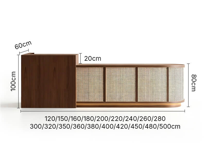 Wooden Reception Desk with Rattan Detail and Lockable Storage - Dimensions