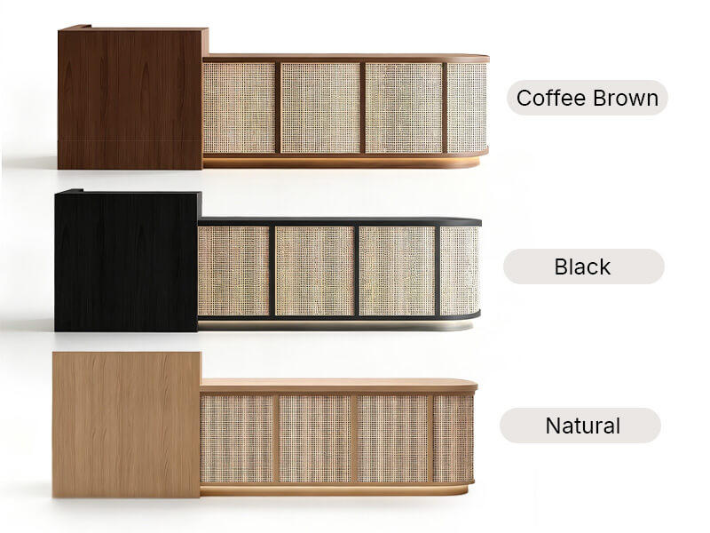 Wooden Reception Desk with Rattan Detail and Lockable Storage - Color Options